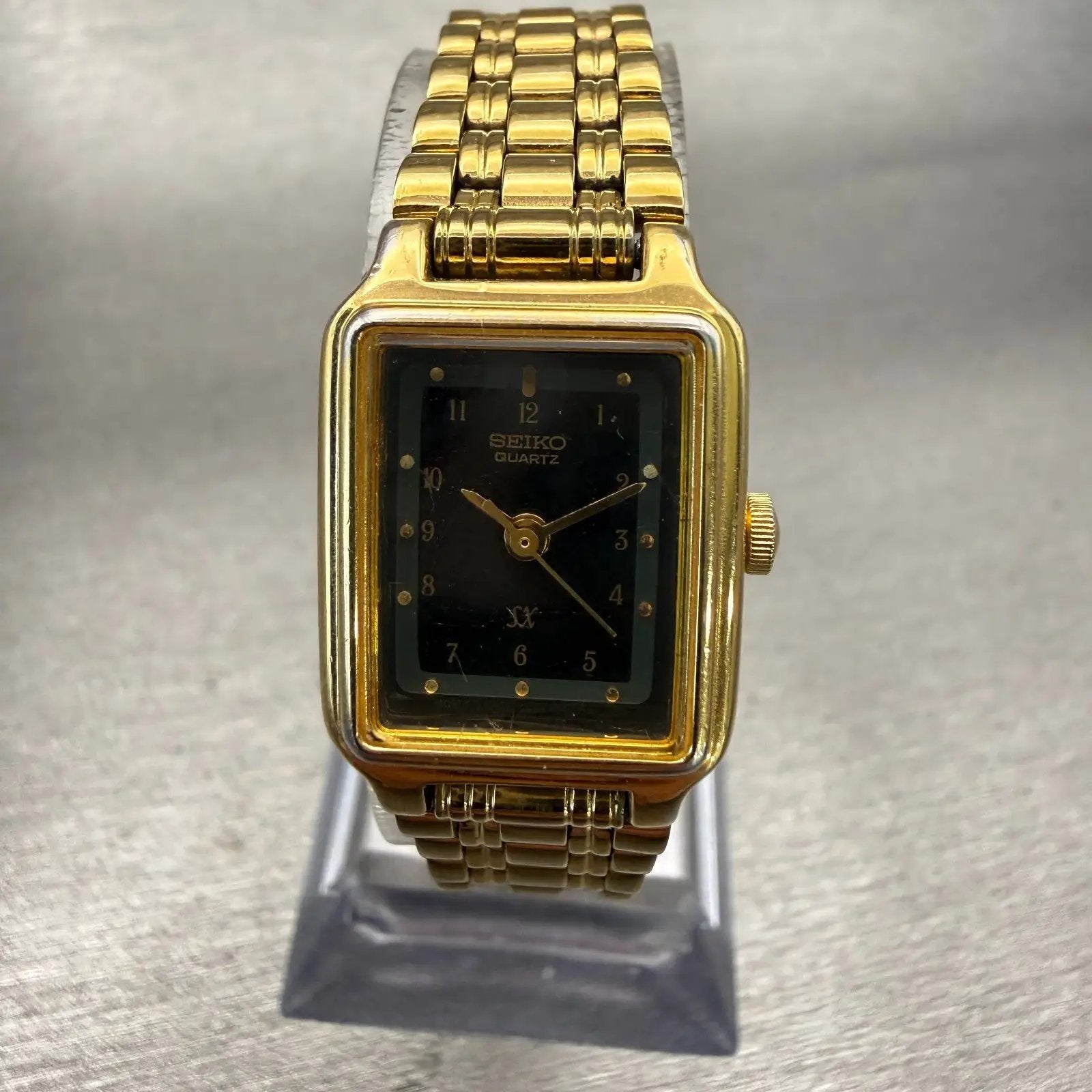 Seiko SX Watch Women 17mm Black Dial Gold Tone Rectangle V401-5121 New Battery0