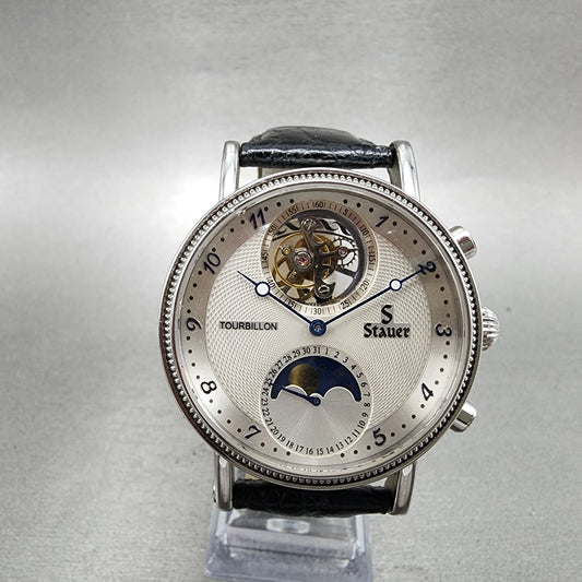 Stauer Tourbillon Watch Men 43mm White Dial Silver Tone Moonphase 0341 PARTS0