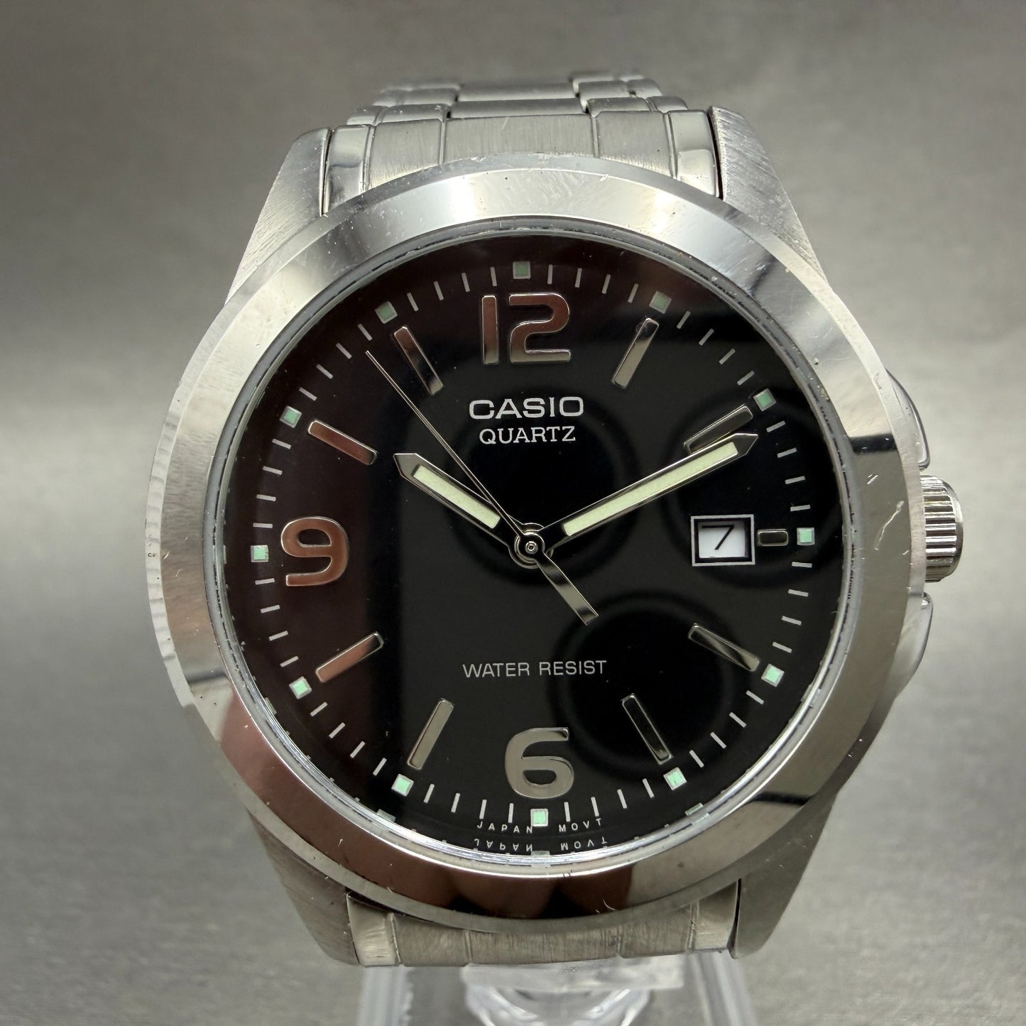 Casio Watch Men 37mm Black Dial Silver Tone Date Round MTP-1215 New Battery0