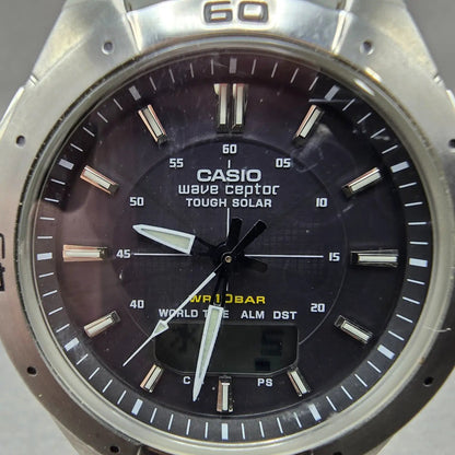 Casio Wave Ceptor Watch WVA-470 Men 42mm Black Dial Silver Alarm Chronograph LP1