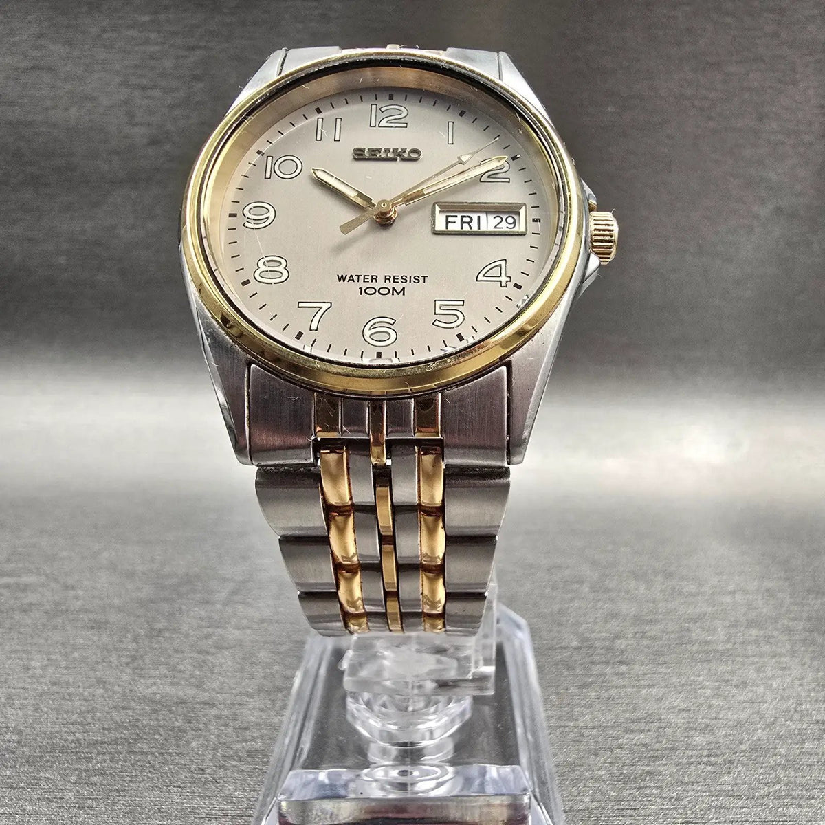 Seiko Watch Men 35mm Gray Dial Two Tone Daydate Round 7N43-T011 New Battery VTG5
