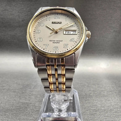 Seiko Watch Men 35mm Gray Dial Two Tone Daydate Round 7N43-T011 New Battery VTG5