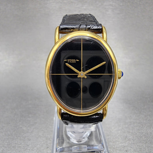 VTG Spazial Watch Women 26mm Black Dial Gold Tone Oval Manual Wind Runs