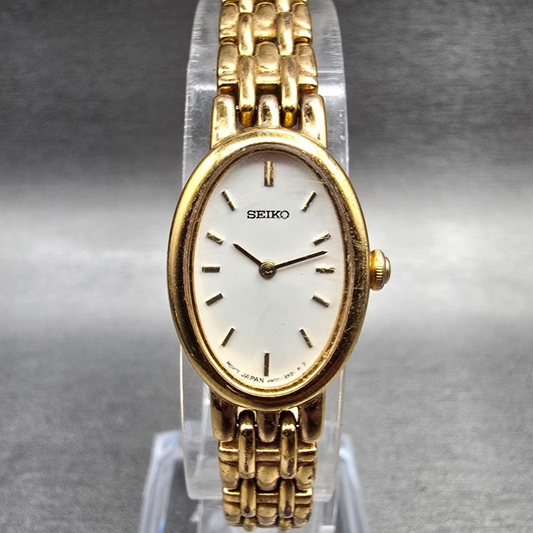 Seiko Watch Women 17mm White Dial Gold Tone Oval V400-1019 New Battery Vintage0