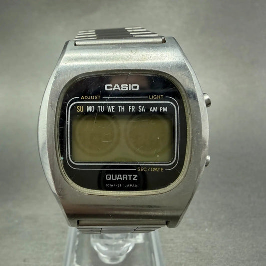 Casio 54QS-25 Watch Men 35mm Digital Silver Tone Round Daydate VTG PARTS0