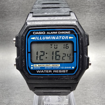 Casio Illuminator F-105 Watch Men 35mm Black Blue Chrono Alarm New Battery JP340