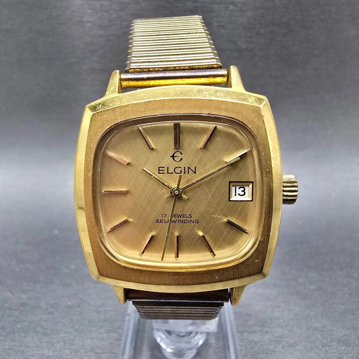 Elgin Automatic Watch Men 33mm Gold Dial Gold Tone Date Rectangle Eta 2873 PARTS0
