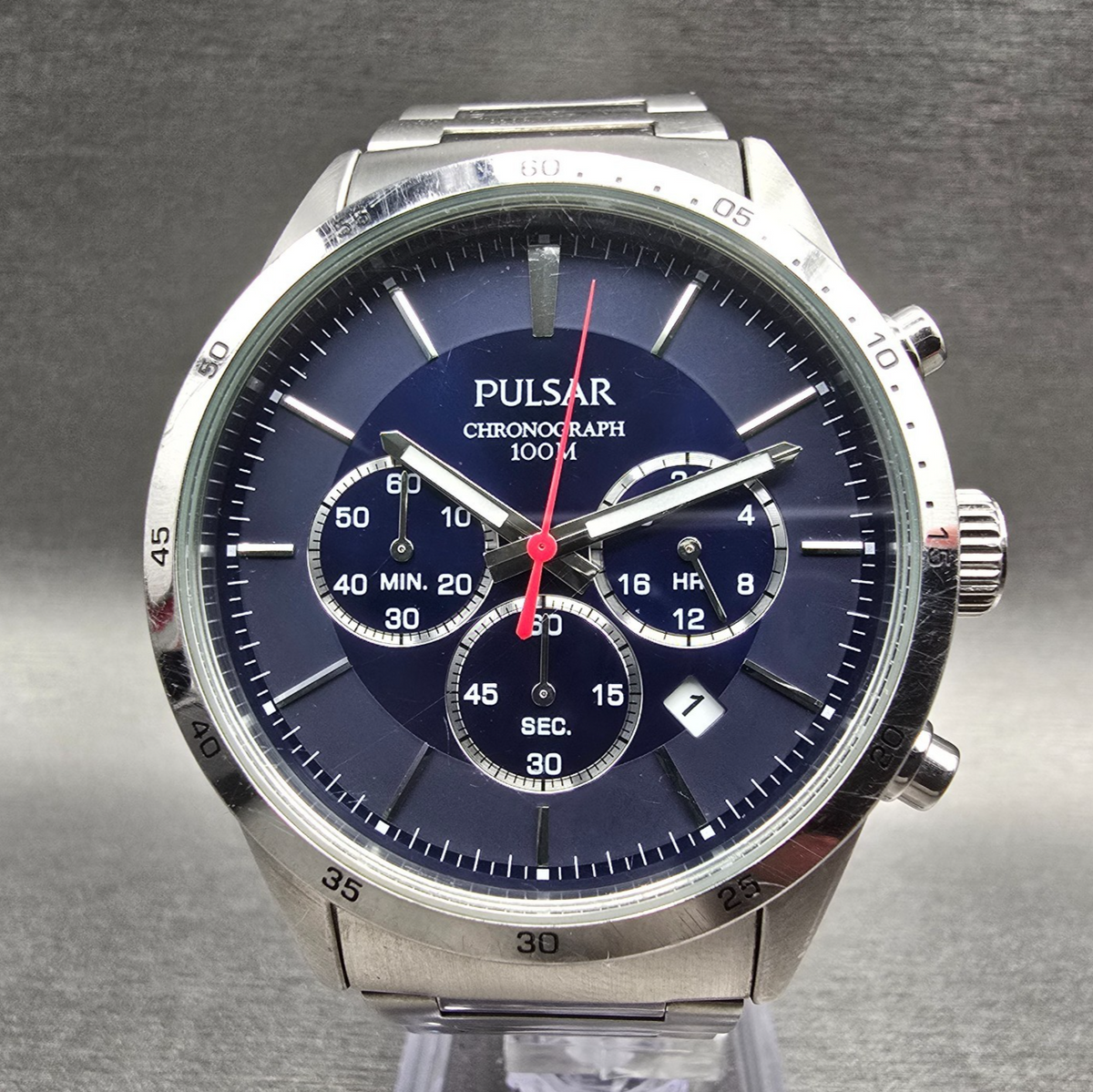 Pulsar Chronograph Watch Men 42mm Blue Dial Silver Tone Date VD53-X001 New Batt0