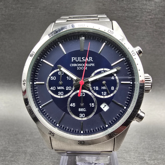 Pulsar Chronograph Watch Men 42mm Blue Dial Silver Tone Date VD53-X001 New Batt0
