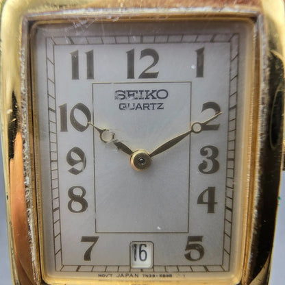 Seiko Tank Watch Men 26mm Silver Dial Gold Tone Date Rectangle 7N29-5B99 PARTS2