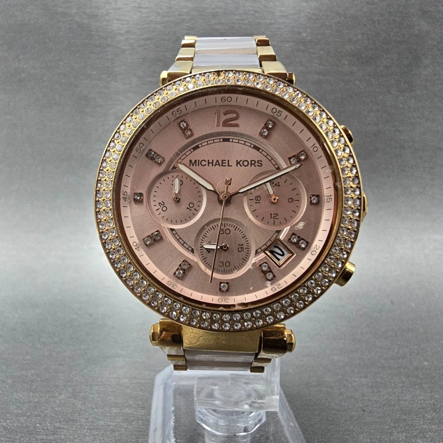 Michael Kors Parker Chronograph Watch Women 39mm Pink Dial Rose Gold Tone NewBat5