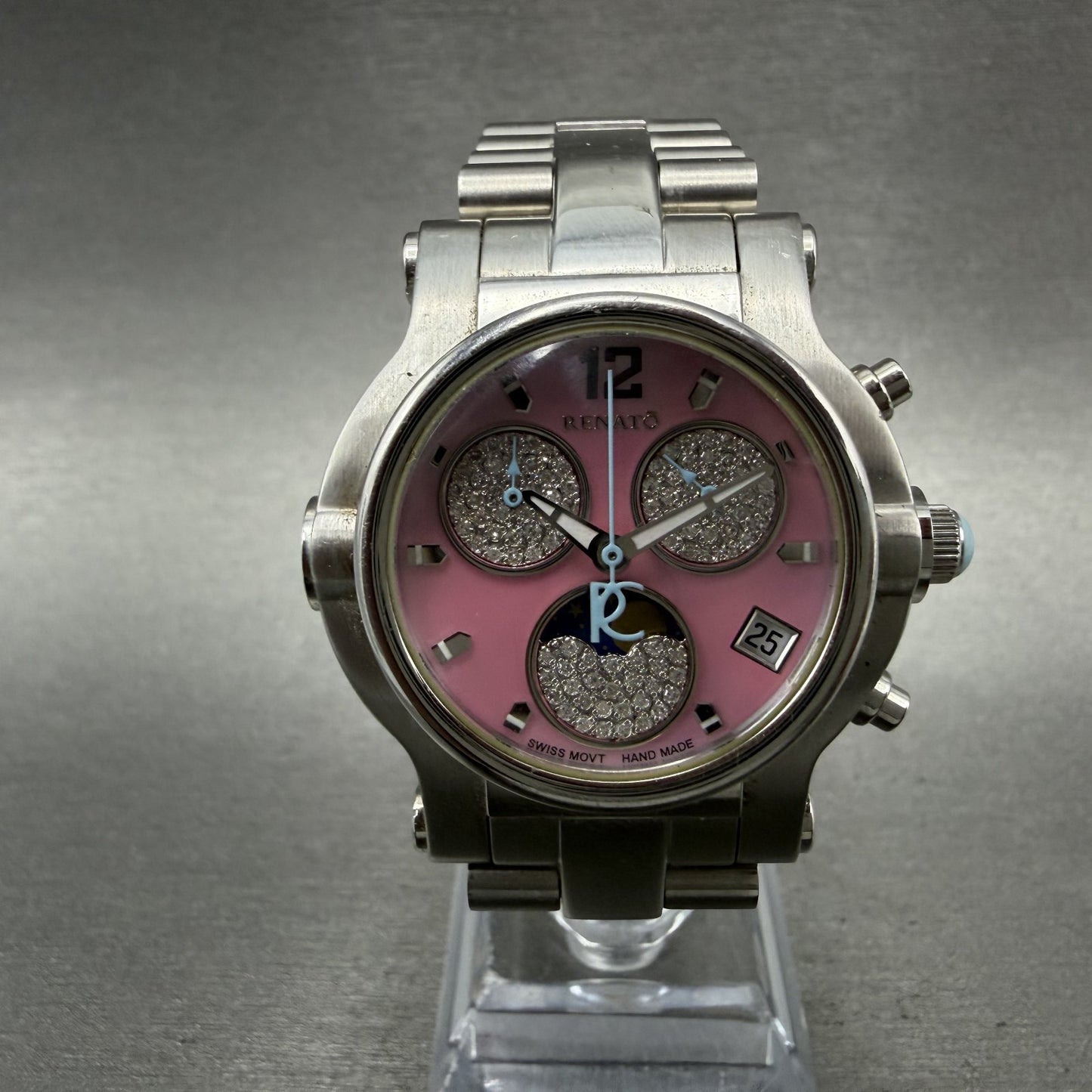Renato Beauty Chrono Watch Women 36mm MOP Dial Steel Diamond Moonphase New Batt0