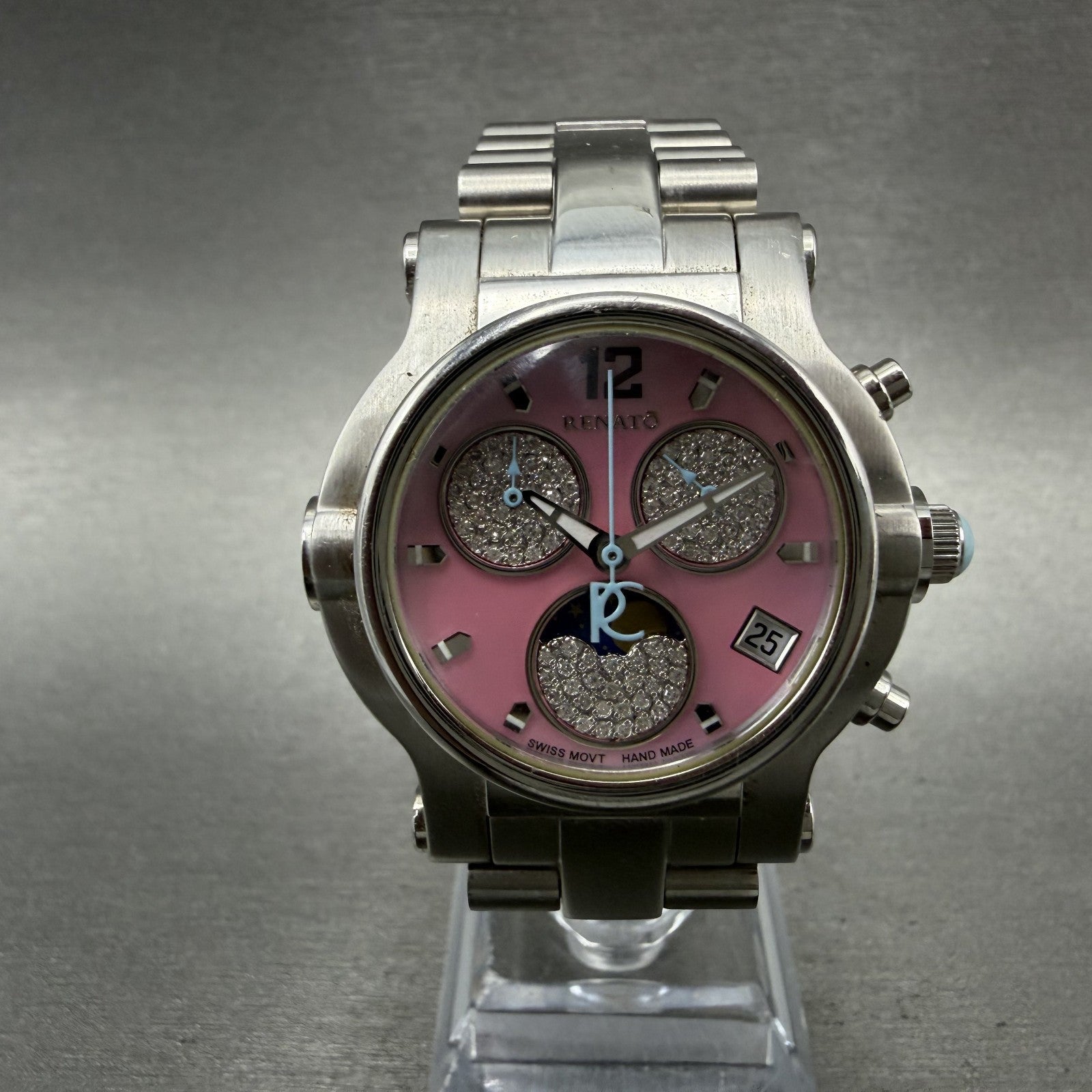 Renato Beauty Chrono Watch Women 36mm MOP Dial Steel Diamond Moonphase New Batt0