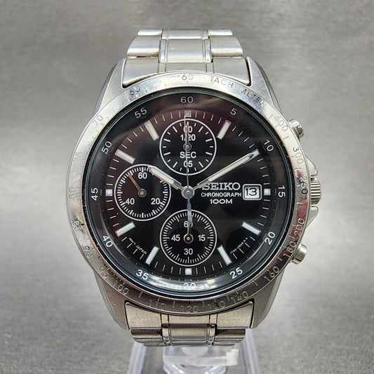 Seiko Chronograph Watch Men 38mm Black Dial Silver Tone Date 7t92-0dw0 New Batt