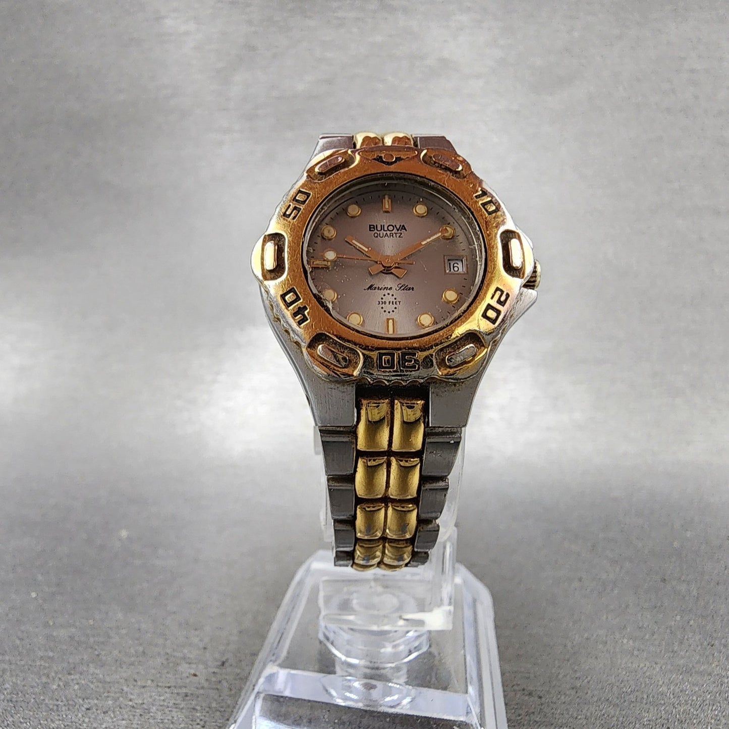 Bulova Marine Star Dive Watch Women 27mm Gray Dial Two Tone Date Round New batt5