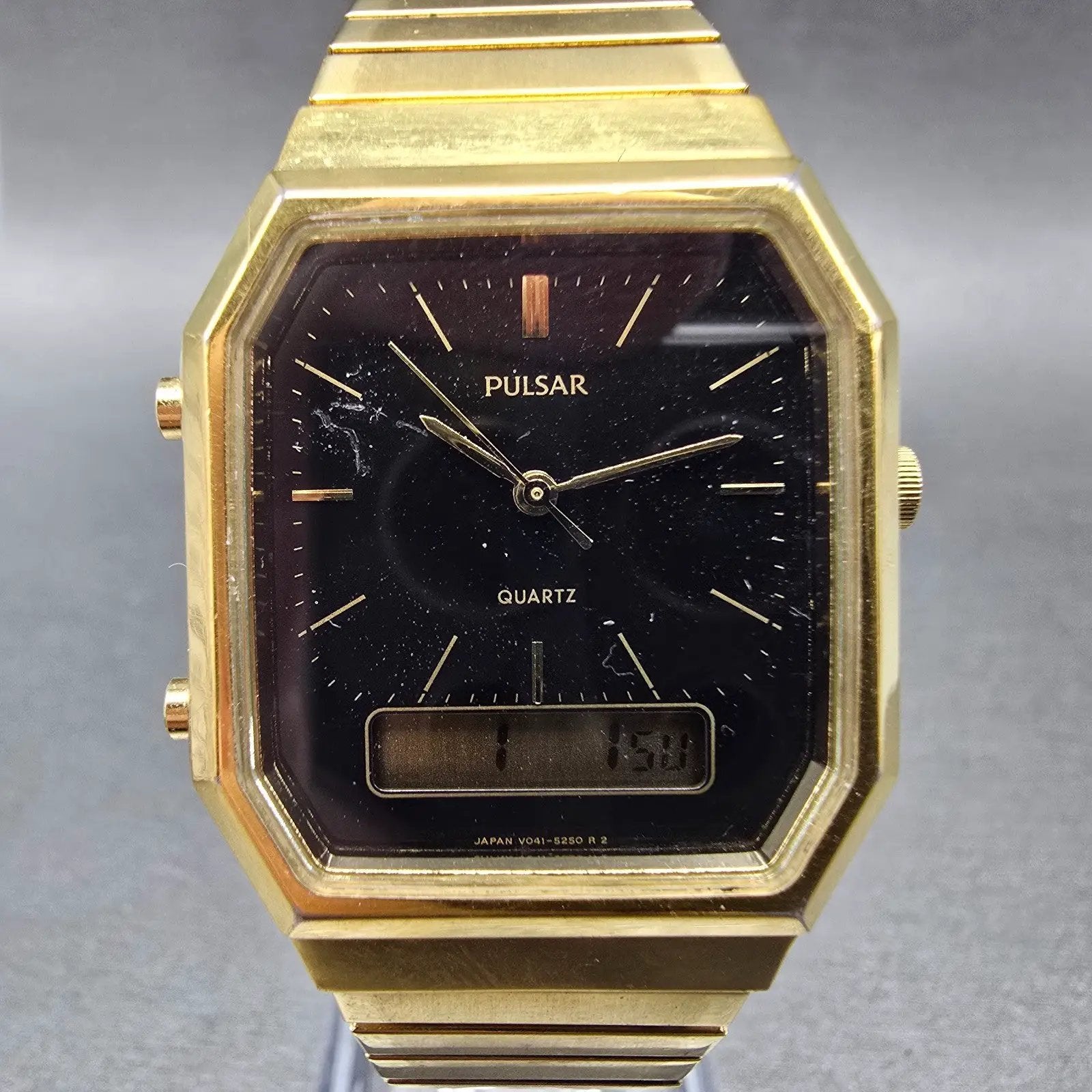 Pulsar Analog Digital Watch Men 29mm Black Dial Gold Octagon V041-5180 New BattL0