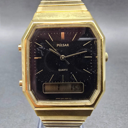 Pulsar Analog Digital Watch Men 29mm Black Dial Gold Octagon V041-5180 New BattL0