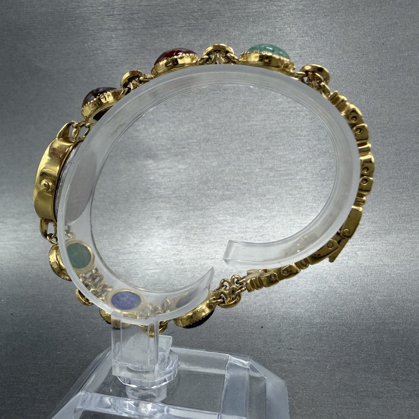 Jules Jurgenson Watch Women 19mm MOP Dial Gold Tone Oval Gem Stones New Battery6