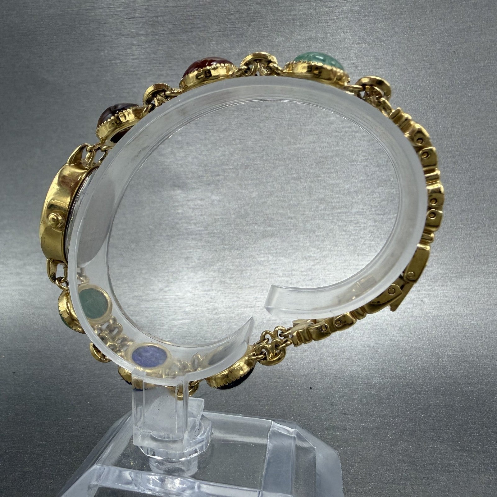 Jules Jurgenson Watch Women 19mm MOP Dial Gold Tone Oval Gem Stones New Battery6