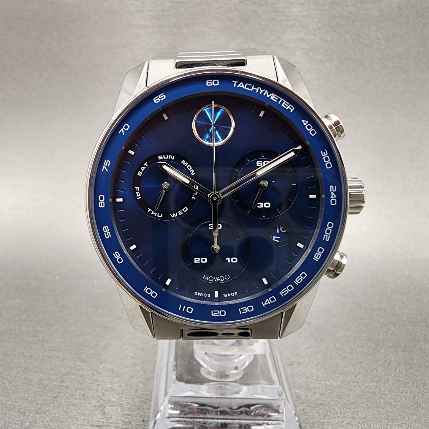 Movado Bold Verso Chronograph Watch Men 44mm Blue Dial Steel Date READ!! 36008650