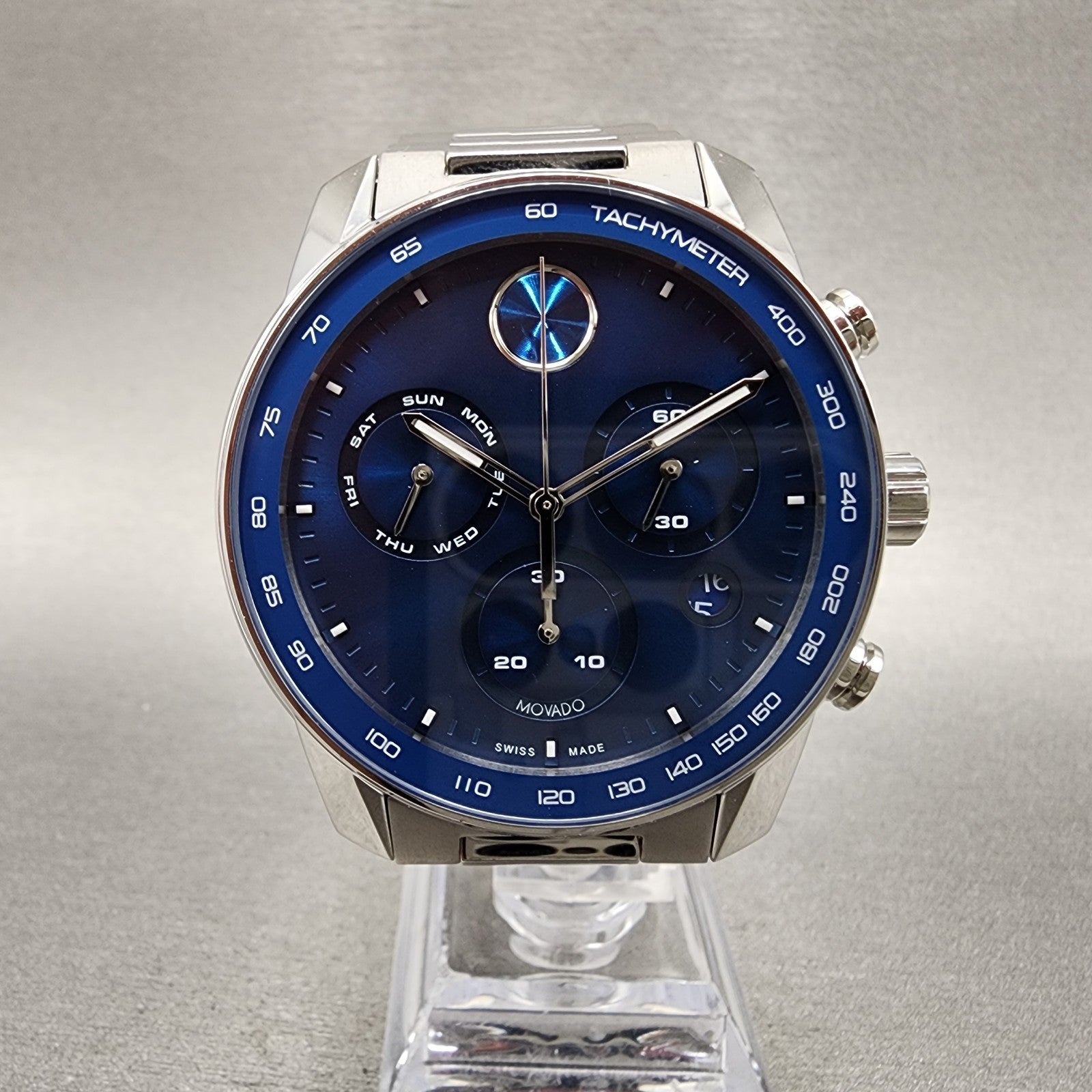Movado Bold Verso Chronograph Watch Men 44mm Blue Dial Steel Date READ!! 36008650