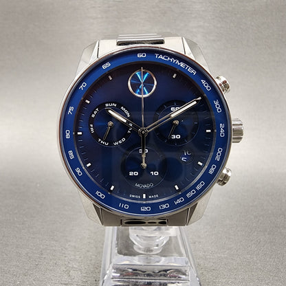 Movado Bold Verso Chronograph Watch Men 44mm Blue Dial Steel Date READ!! 36008650