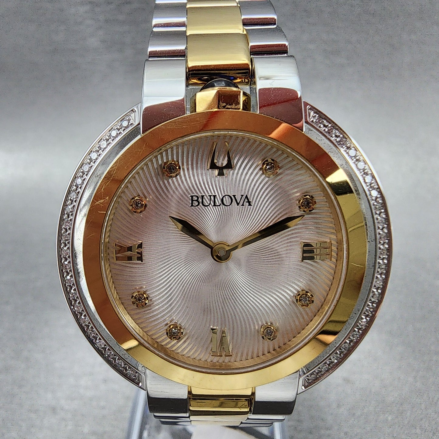 Bulova Rubaiyat Watch Women 35mm Silver Dial Two Tone Diamond Bezel 98R2461