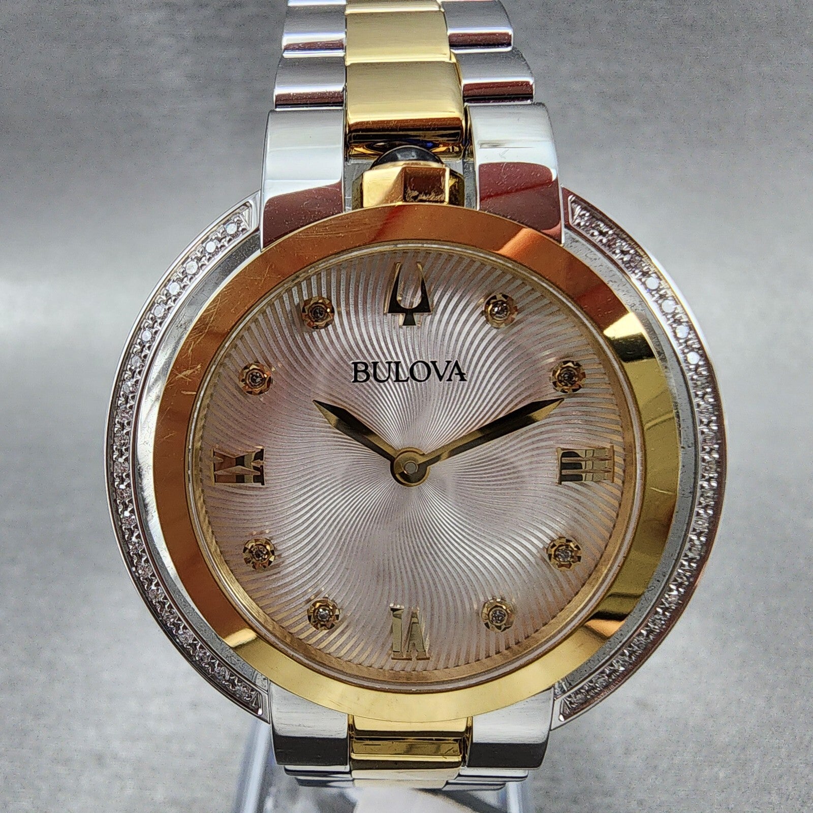 Bulova Rubaiyat Watch Women 35mm Silver Dial Two Tone Diamond Bezel 98R2461