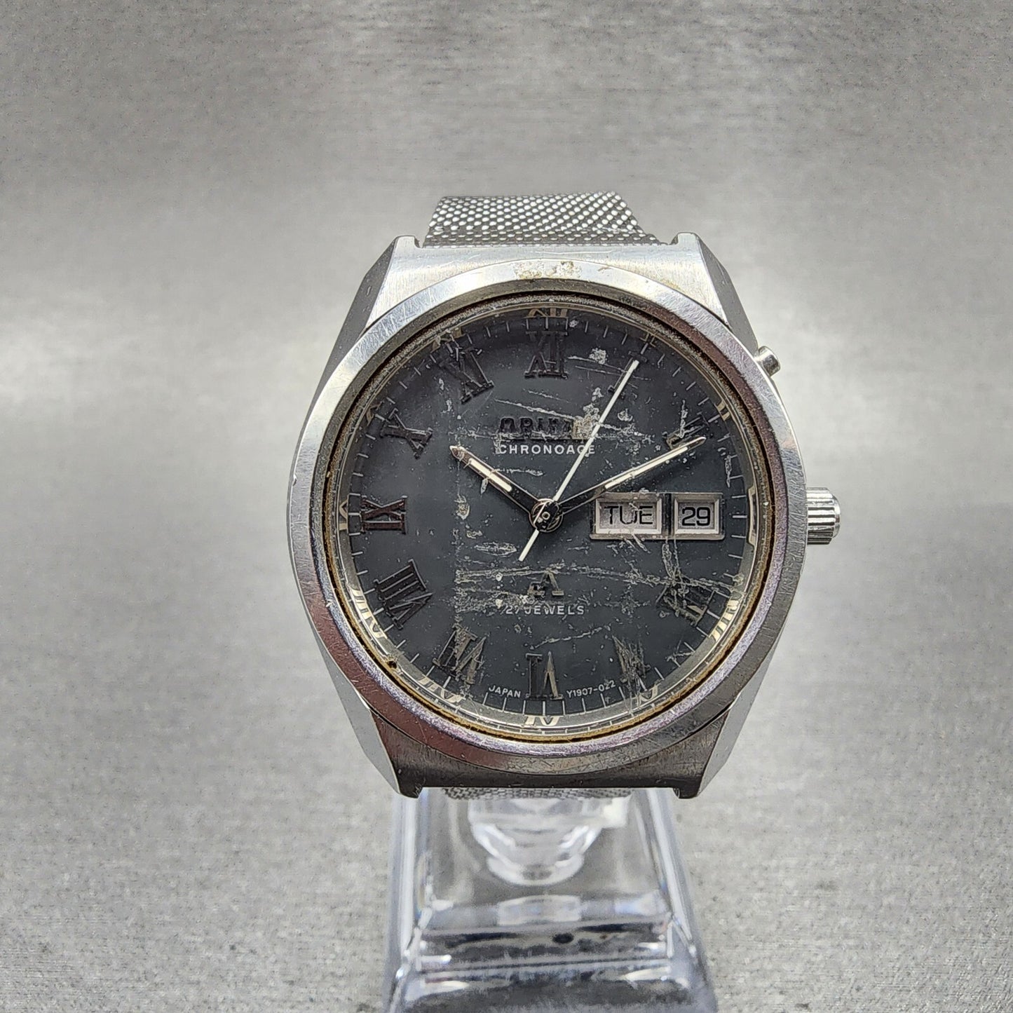 Orient Chronoace Watch Men 37mm Gray Dial Steel Daydate Round Automatic  PARTS0