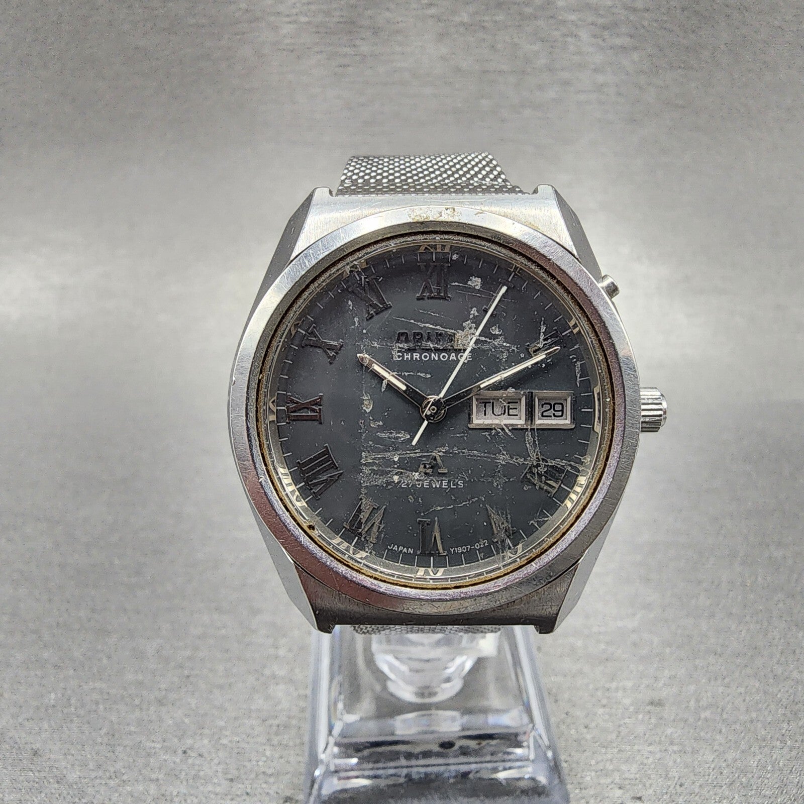 Orient Chronoace Watch Men 37mm Gray Dial Steel Daydate Round Automatic  PARTS0