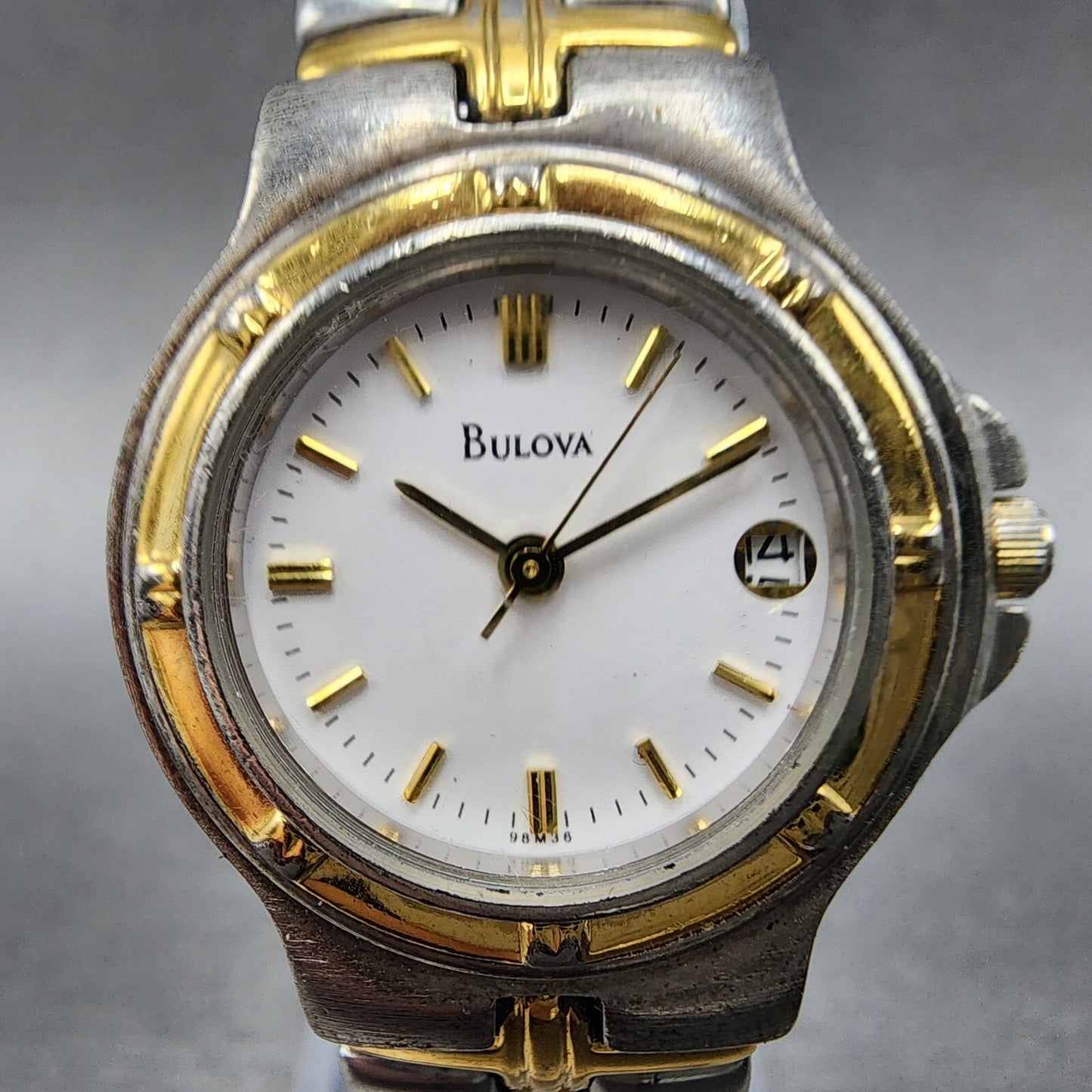 Bulova Watch Women Two Tone White Dial Date 25mm Round 98M36 New Battery A1231