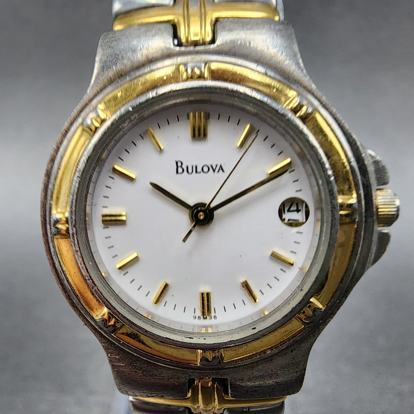 Bulova Watch Women Two Tone White Dial Date 25mm Round 98M36 New Battery A1231