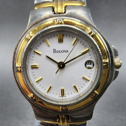 Bulova Watch Women Two Tone White Dial Date 25mm Round 98M36 New Battery A1231