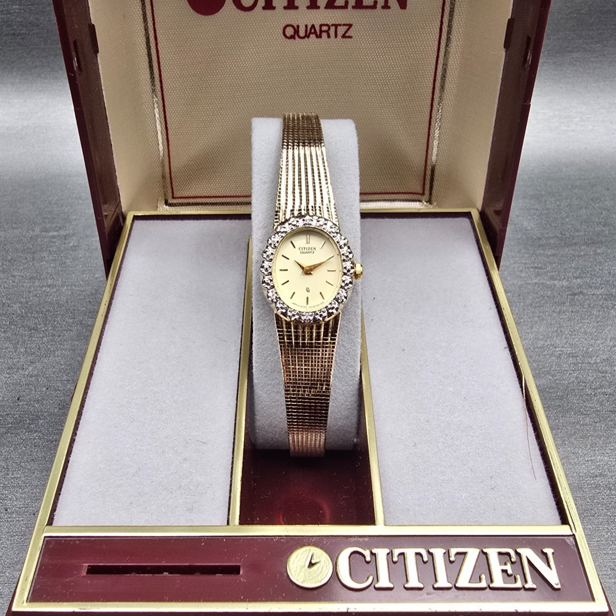 Citizen CQ Watch Women 17mm Cream Dial Gold Tone Gemmed 3220 New Battery NOS1