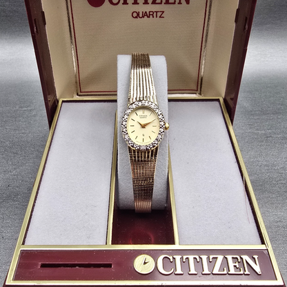 Citizen CQ Watch Women 17mm Cream Dial Gold Tone Gemmed 3220 New Battery NOS1