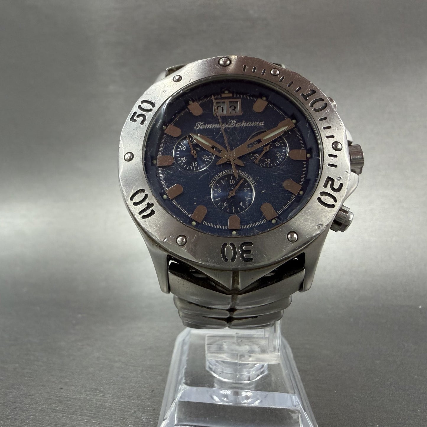 Tommy Bahama Chronograph Watch Men 43mm Blue Dial Steel Big Date TB3013 New Batt5