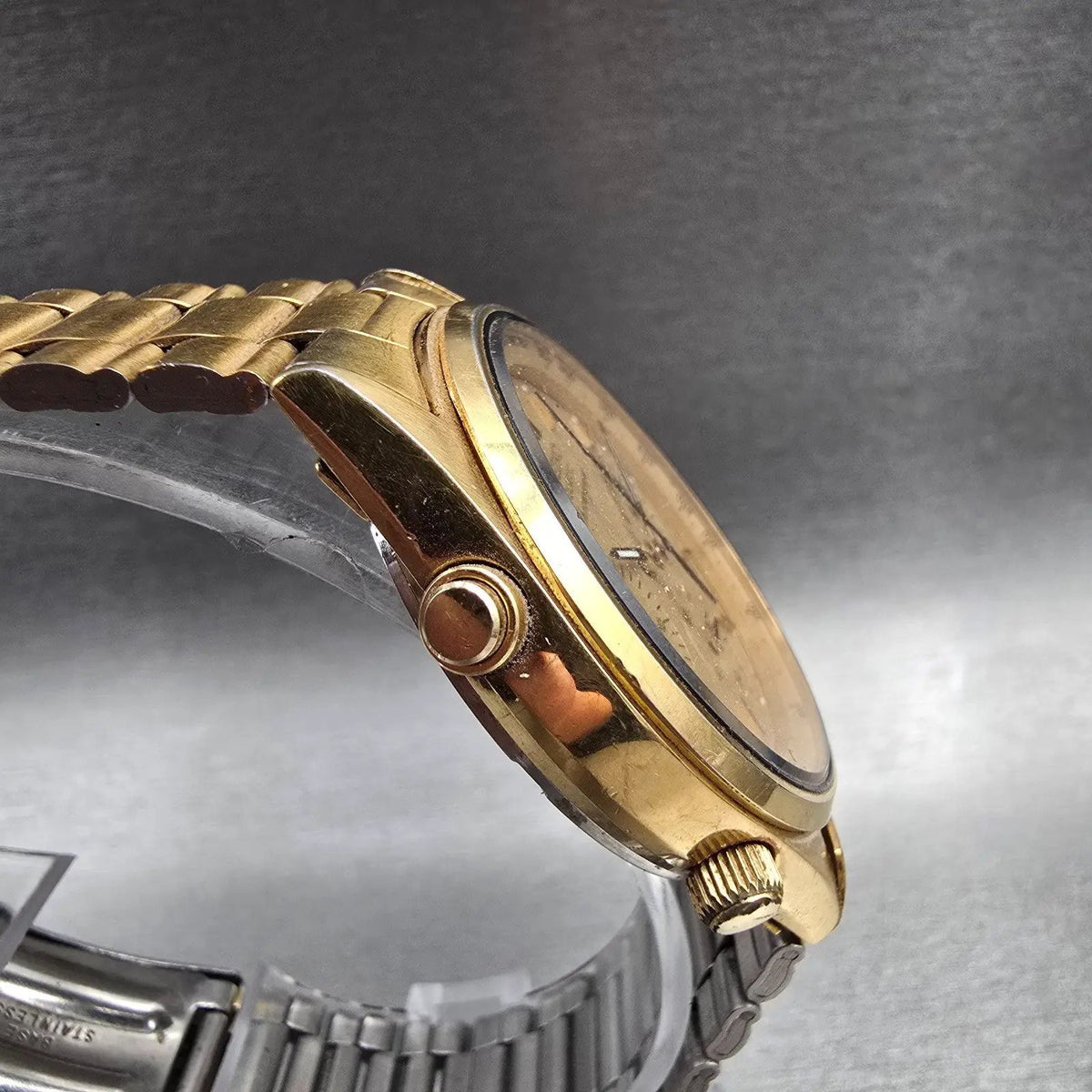 Seiko Chronograph Watch Men 37mm Gold Dial Gold Round 7A28-7029 New Battery VTG3