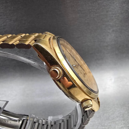 Seiko Chronograph Watch Men 37mm Gold Dial Gold Round 7A28-7029 New Battery VTG3