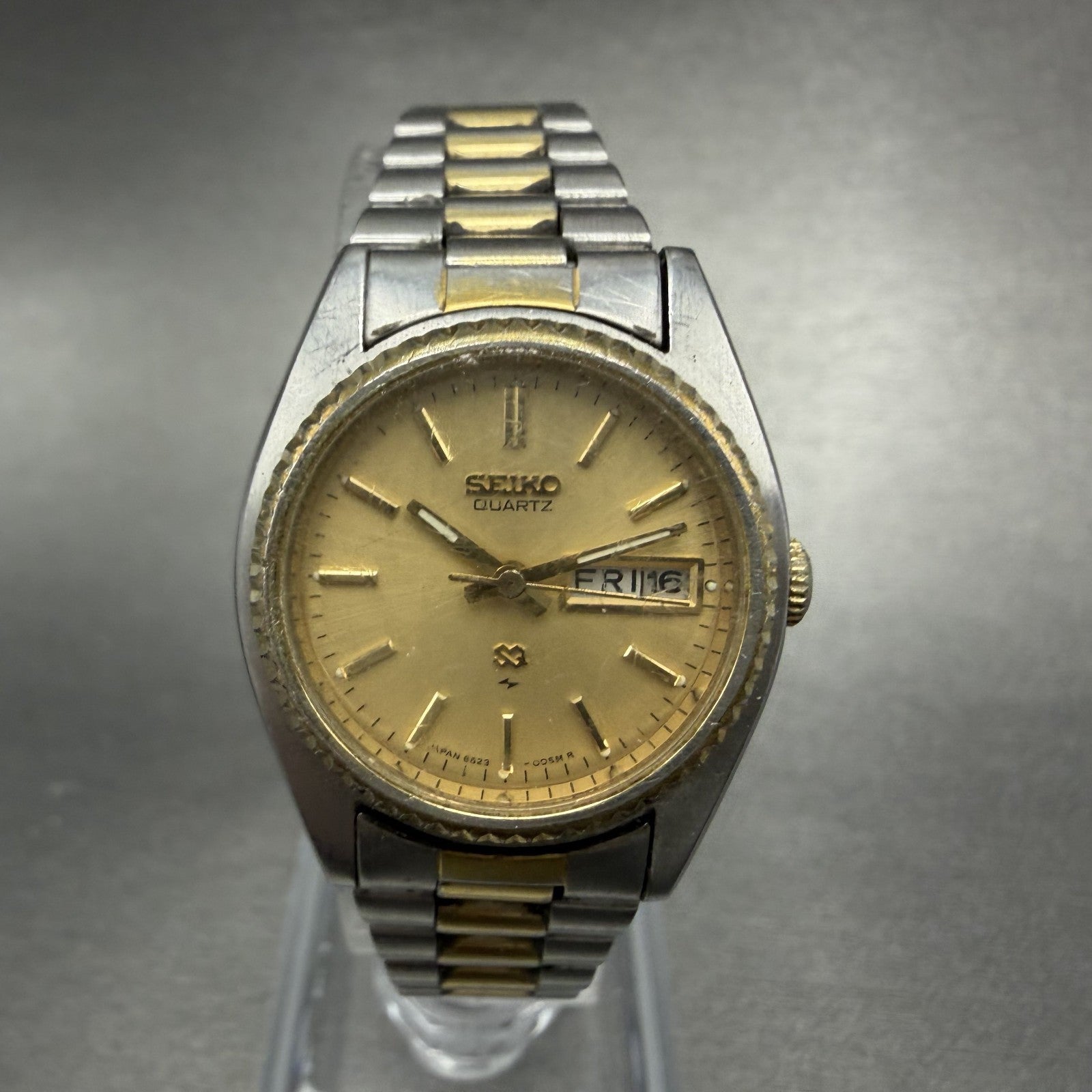 Seiko SQ Watch Women 24mm Champagne Dial Two Tone Daydate 8523-0050 New Batt UHK0
