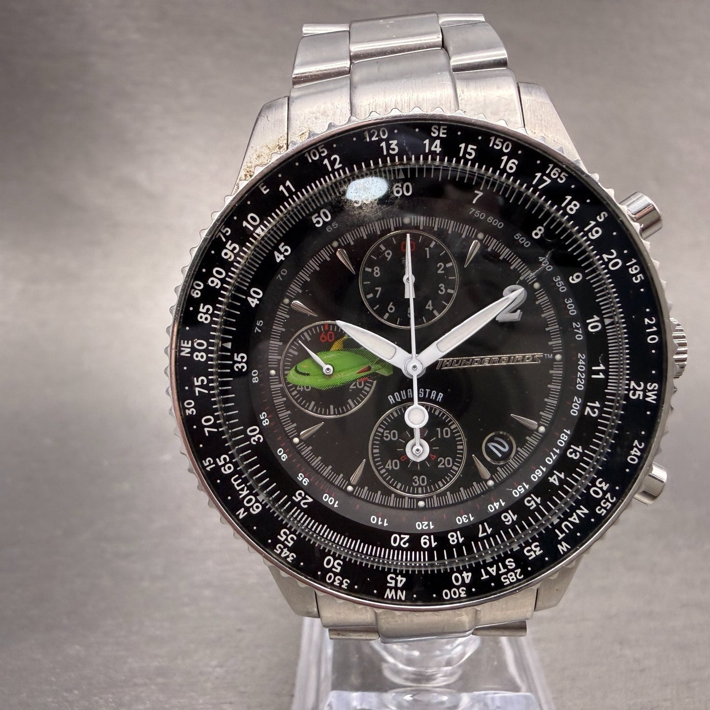 Aqua Star Thunderbird Chronograph Watch Men 42mm Black Dial Steel Date New Batt0