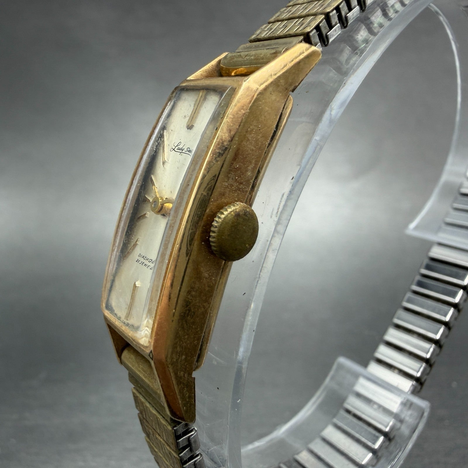 Seiko Lady Seiko Tank Watch Women 12mm Silver Dial Gold Tone Manual 4037 Runs2