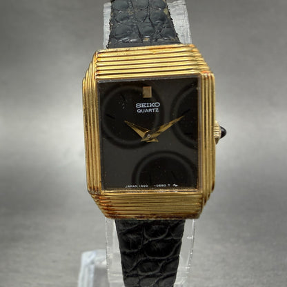 Seiko Tank Watch Women 19mm Black Dial Gold Tone Rectangle 1400-5410 New Battery0