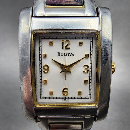 Bulova Tank Watch Women 21mm White Dial Two Tone Rectangle 98T49 New Battery1