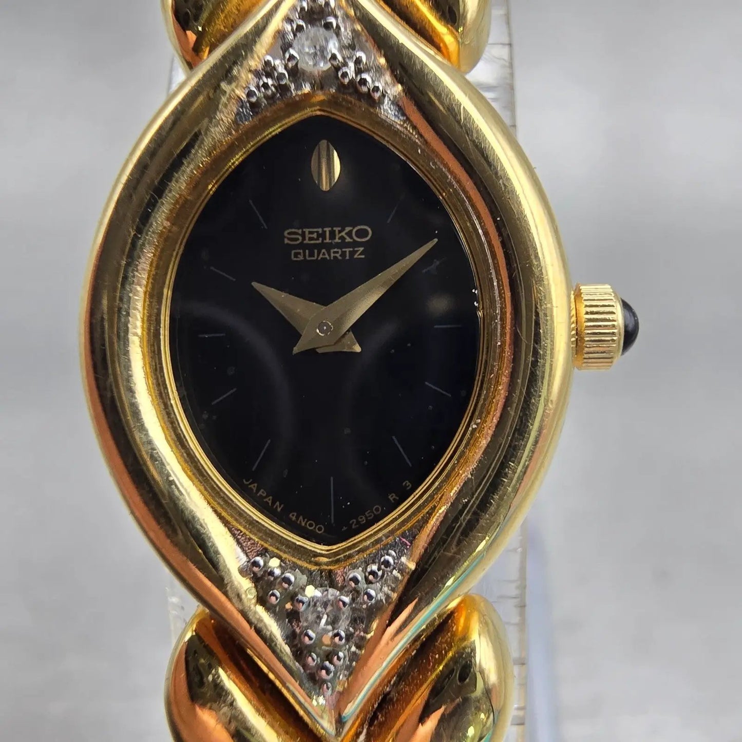 Seiko Watch Women 17mm Black Dial Gold Tone Gemmed 4N00-5979 New Battery Vintage1