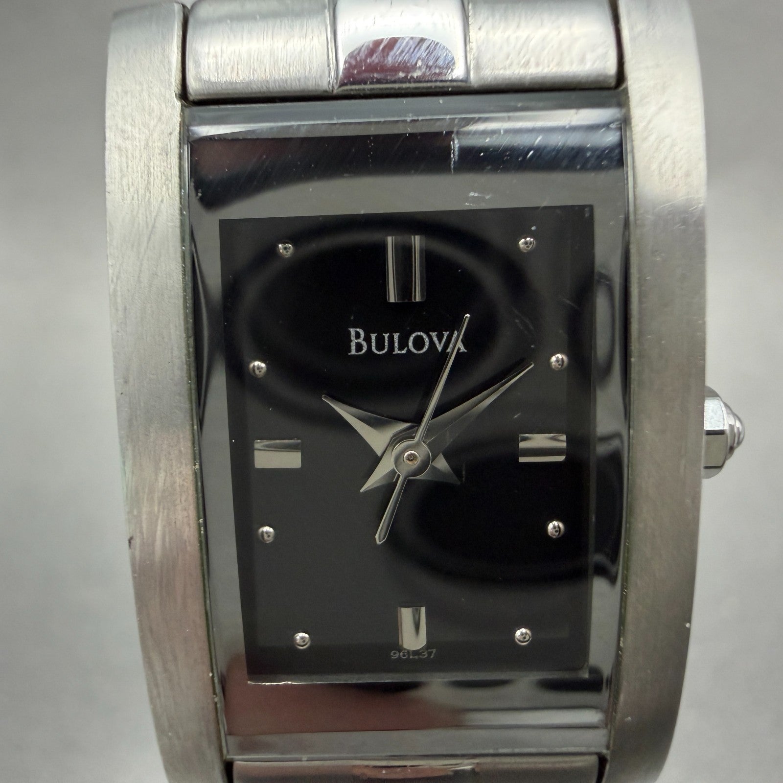 Bulova Tank Watch Women 18mm Black Dial Silver Tone Rectangle 96L37 New Battery11