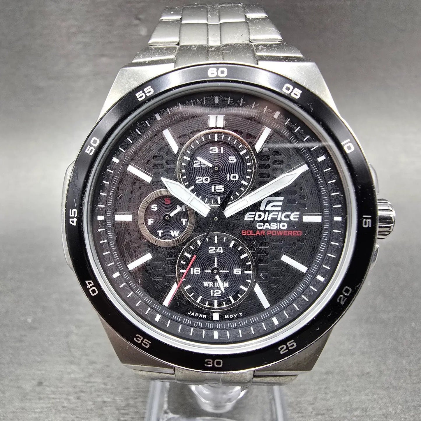 Casio Edifice Solar Watch Men 44mm Black Dial Silver Tone Daydate EF-340 Runs0