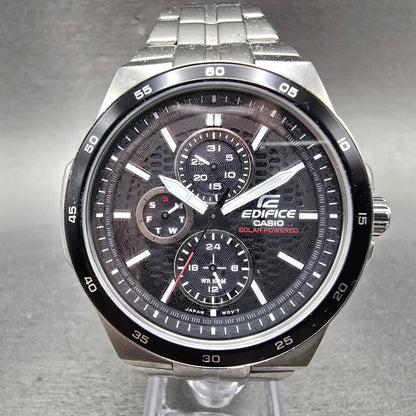 Casio Edifice Solar Watch Men 44mm Black Dial Silver Tone Daydate EF-340 Runs0