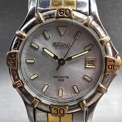 Seiko Sports 50 Watch Women 25mm Silver Dial Two Tone Date 7N82-0261 NewBatt Jp1