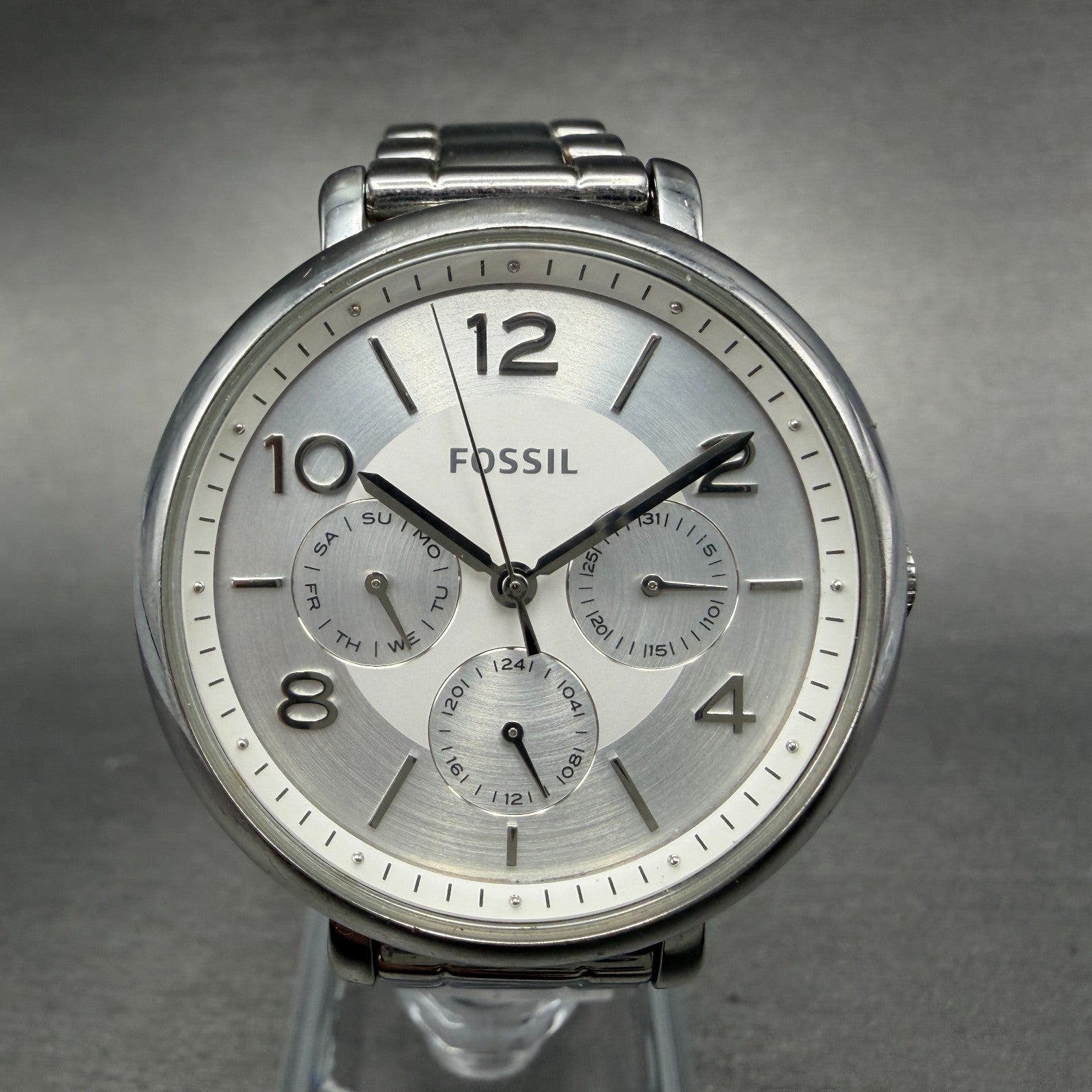 Fossil Jacqueline Watch Women 36mm Silver Dial Silver Tone Daydate Round New Bat0
