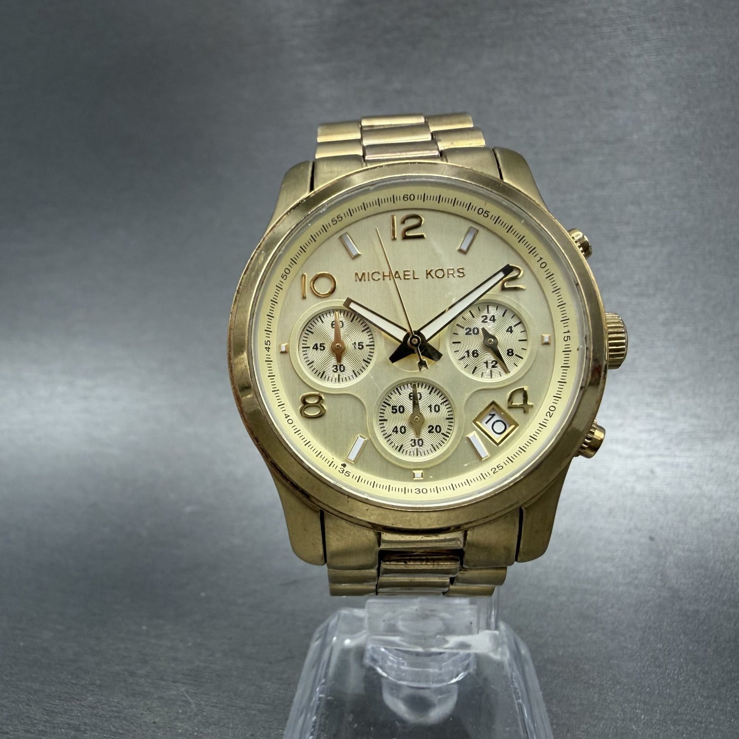 Michael Kors Runway Chronograph Watch Women 38mm Champagne Dial Gold Tone NewBat5
